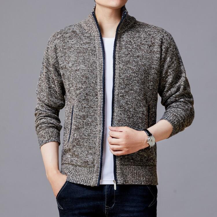 Men's knitted sweater zipper cardigan solid color stand collar plaid plus velvet warm M-3XL