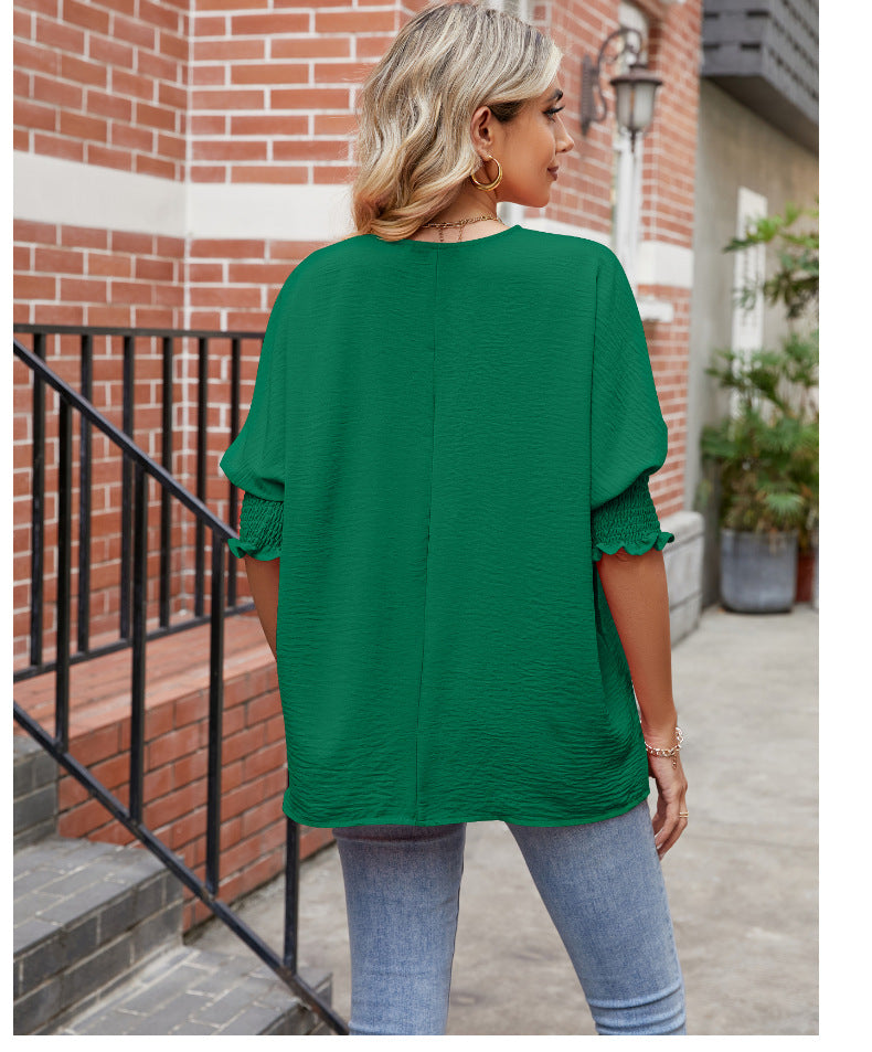 Women's Loose Plus Size Solid Color Pleated Crew Neck Top Summer New