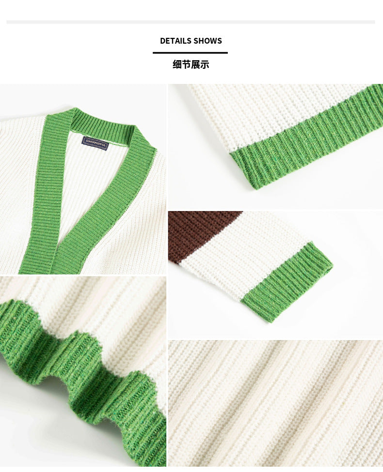 Men's Knitwear Green Edge V-neck Cardigan Loose Contrast Color Woolen Cardigan Coat Thickened Thick Needle Sweater