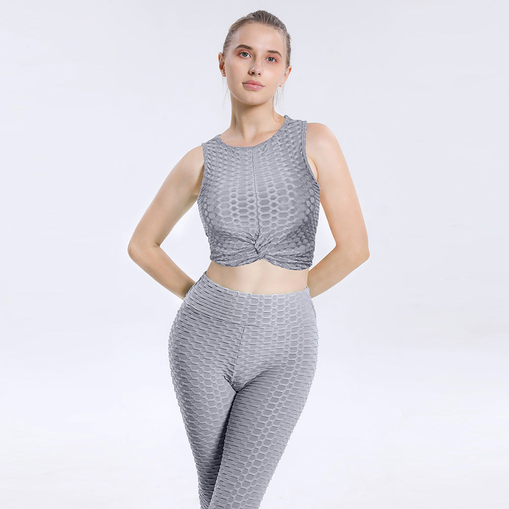 Leggings For Women  Yoga Clothes Suit Women's Sports Running Workout Outfit Suit Bubble Vest High Waist Hip Lift Yoga Pants Two-Piece Set