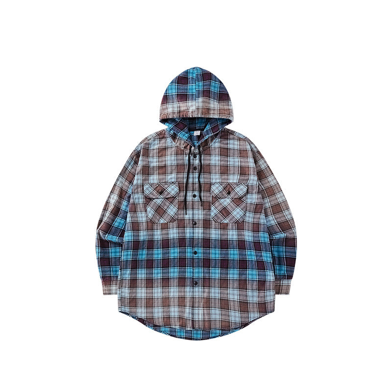 Men's Shirts New Faded Hooded Plaid Shirt New Trendy Loose Gradient Faded Shirt