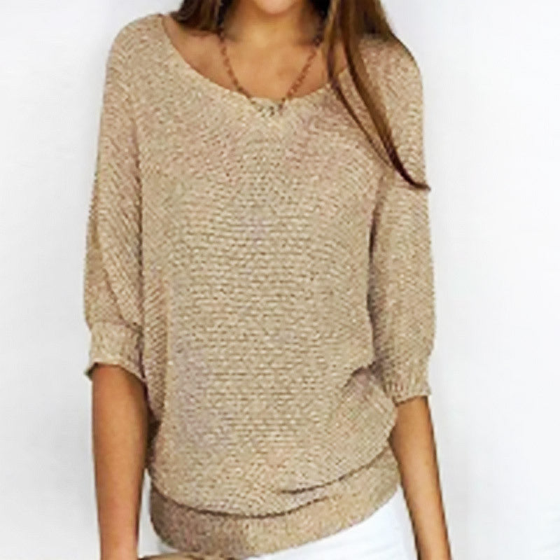 Women's Solid Color Crew Neck Knit Top – Elegant 3/4 Sleeve Blouse for Work & Casual Wear