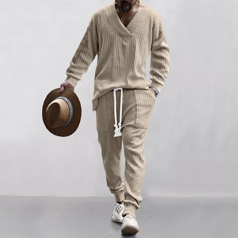 Men's Sweatshirt - New Casual Long Pants V-neck Versatile Jacquard Knit Sweater Autumn Set