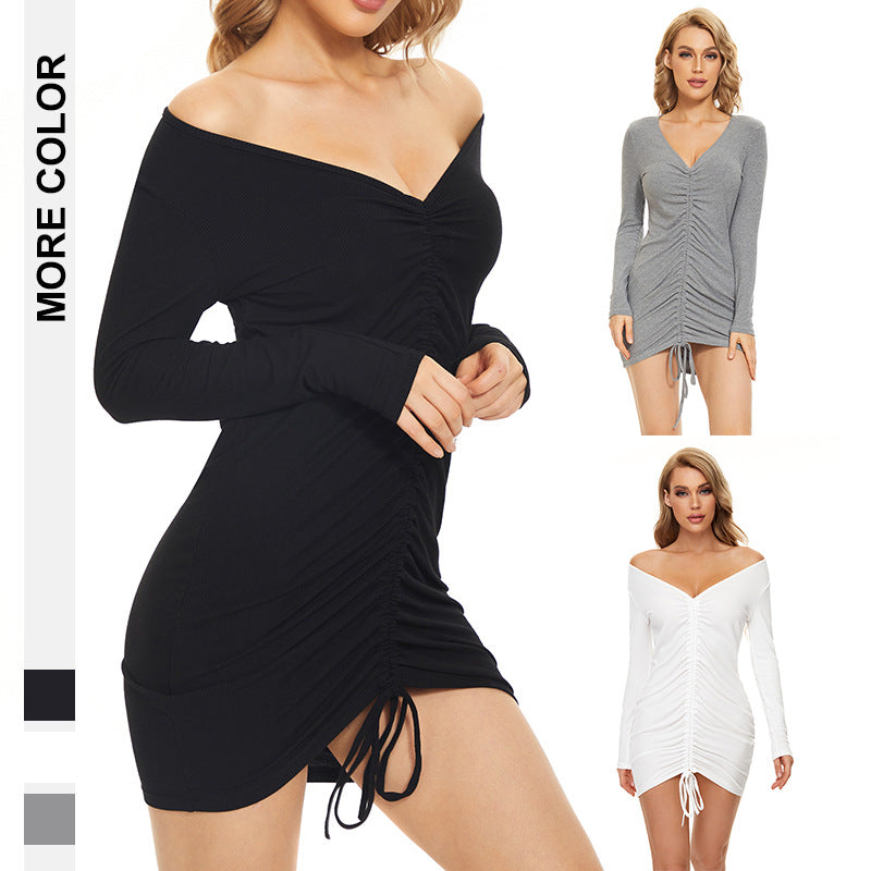 Slimming Bodysuit for Women Women's Clothing Fall/Winter New Sexy Ruched Drawstring Slim-Fit Long Sleeve Knitted Sheath Dress