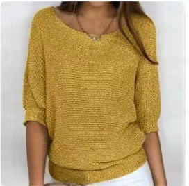 Women's Solid Color Crew Neck Knit Top – Elegant 3/4 Sleeve Blouse for Work & Casual Wear