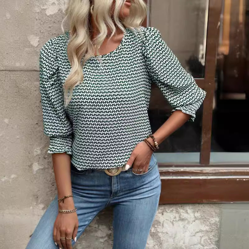 Women's Houndstooth Print Round Neck Pullover Blouse, Mid-Sleeve Top with Ruched Cuffs, Elegant Casual Loose Fit Shirt