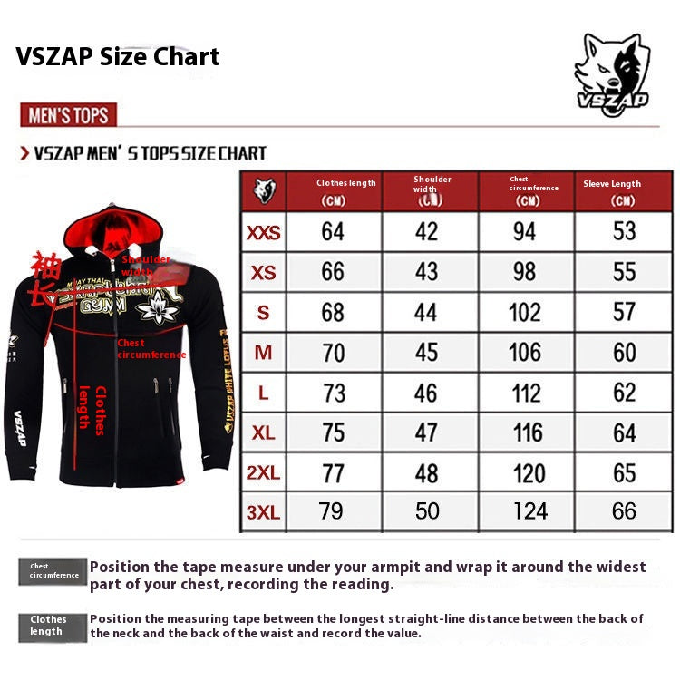 Vszap Fitness Zipper Sweater Autumn Broadcast Seeking Hoodie Muay Thai Fight Jacket Men's Fighting Lotus MMA Fleece-lined Warm