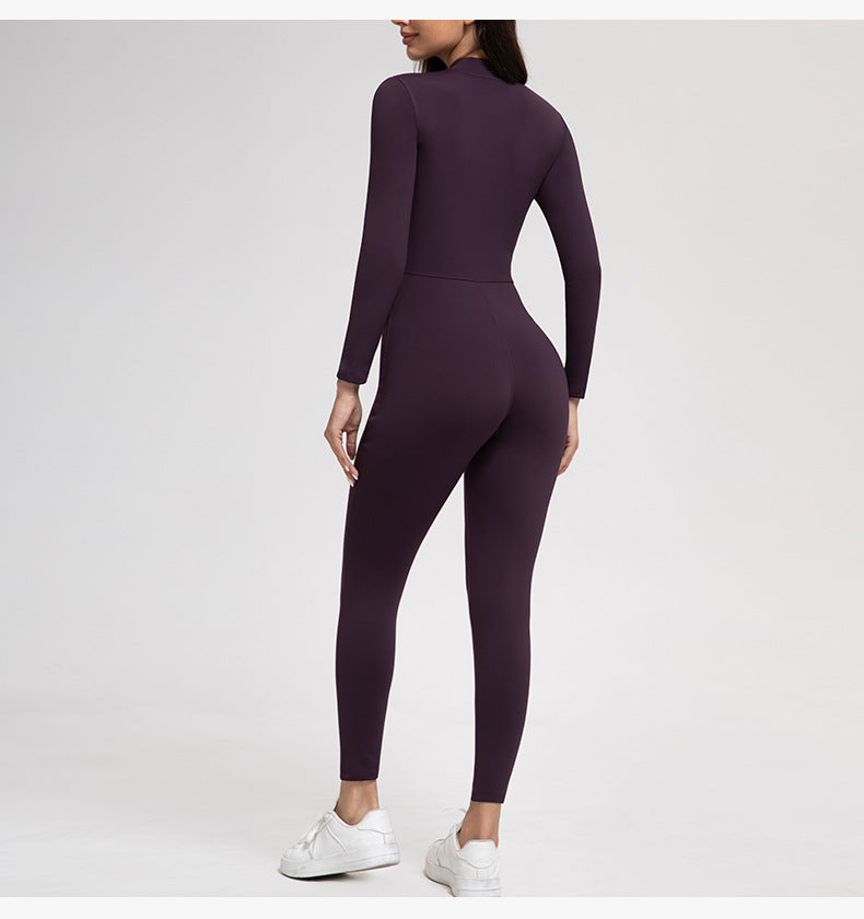 Yoga Pants Women Zipper Fleece-lined Yoga Jumpsuit High-Intensity Exercise Nude Feel Tights