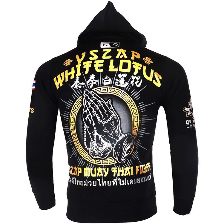 Vszap Fitness Zipper Sweater Autumn Broadcast Seeking Hoodie Muay Thai Fight Jacket Men's Fighting Lotus MMA Fleece-lined Warm