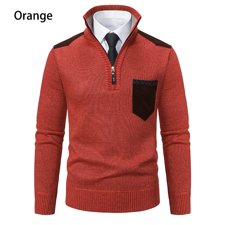 Men's knitted sweater with hood and half zipper cardigan, stand-up collar, plaid, thick and warm, M-3XL