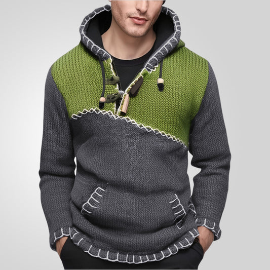 Men's Knitted Sweater Contrast Color Fashion Handmade Crocheted Hooded Pullover Sweater M-3XL