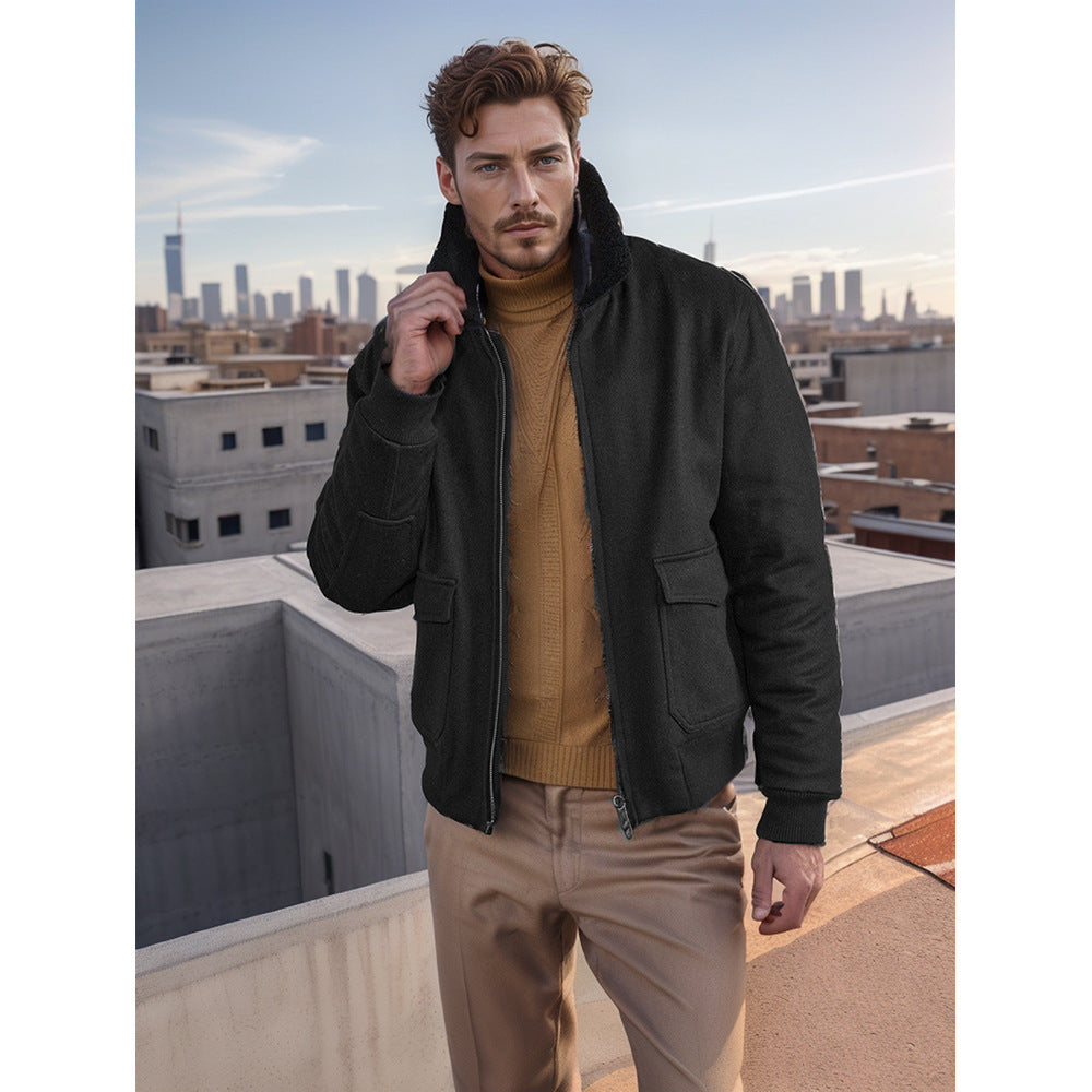 Autumn and Winter Men's Solid Color Simple Commute Lapel Zipper Big Pocket Jacket Coat Men