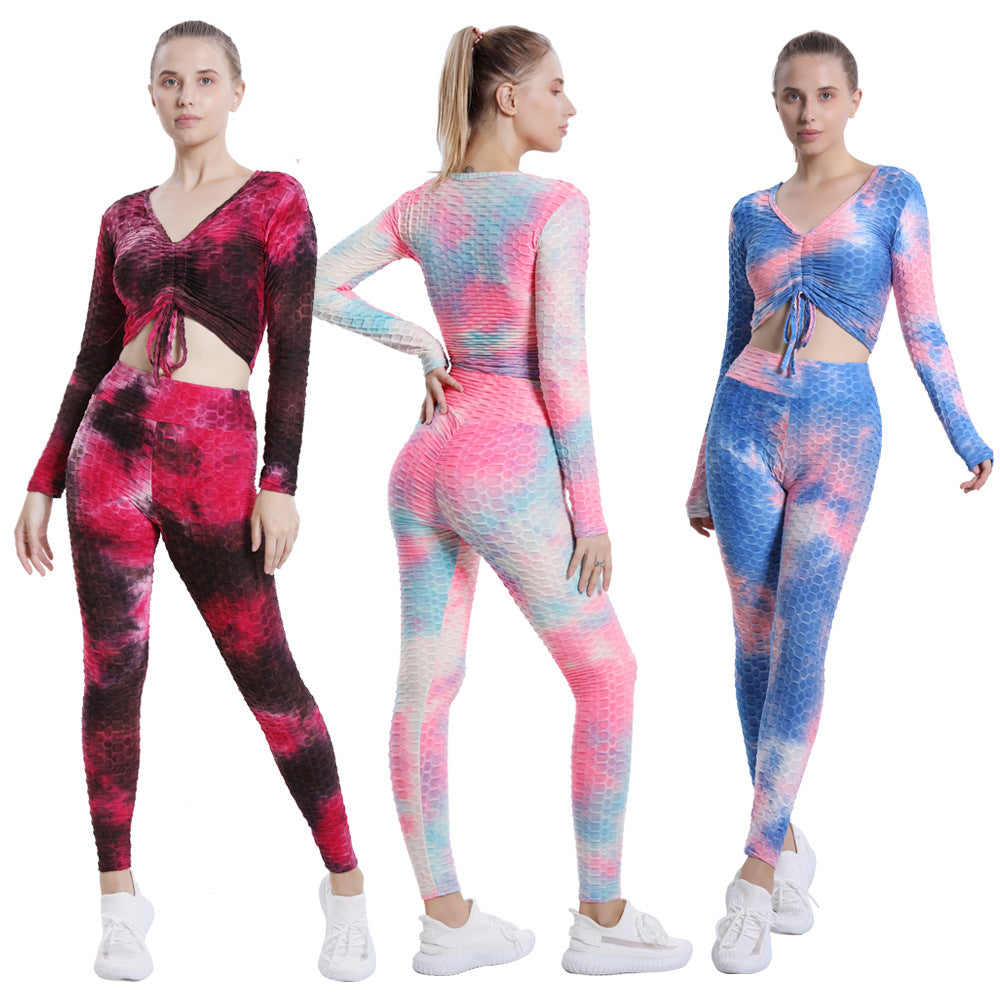 Leggings For Women Bubble Yoga Clothes Suit Women's Tie-Dyed Yoga Clothes High Waist Running Sports Fitness Clothes Long-Sleeved Trousers Two-Piece Suit