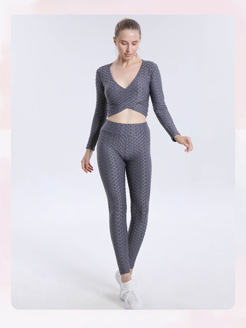 Leggings for women jacquard bubble sexy cross long-sleeved top high waist workout trousers yoga clothes suit women