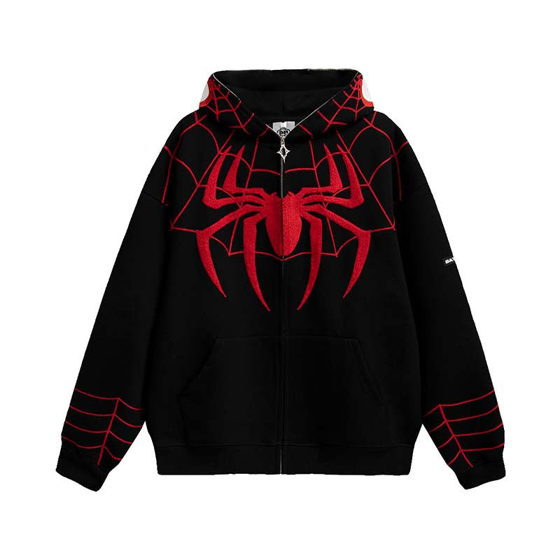 Men's cardigan hooded sweatshirt zipper retro original design sense Spider Man letter embroidery trendy brand M-XL