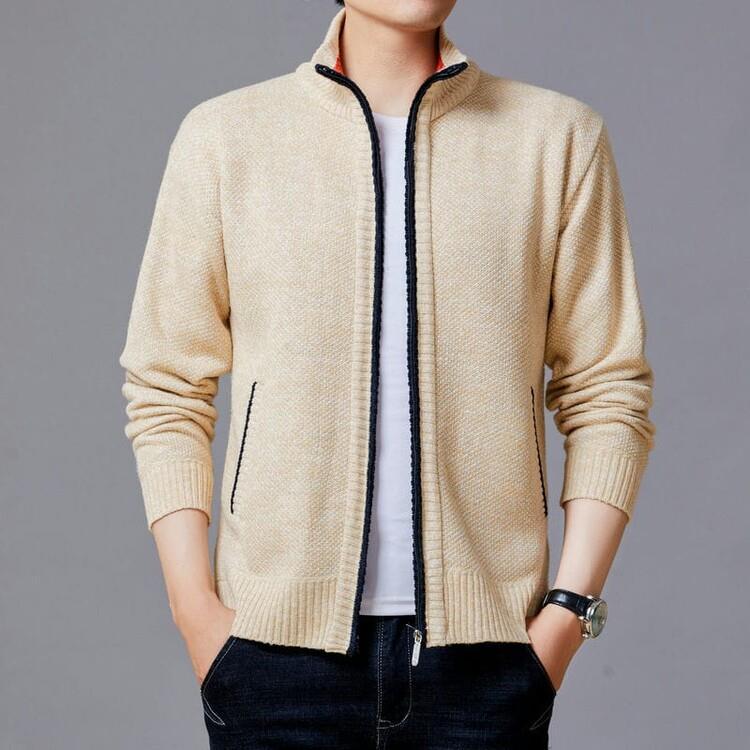 Men's knitted sweater zipper cardigan solid color stand collar plaid plus velvet warm M-3XL