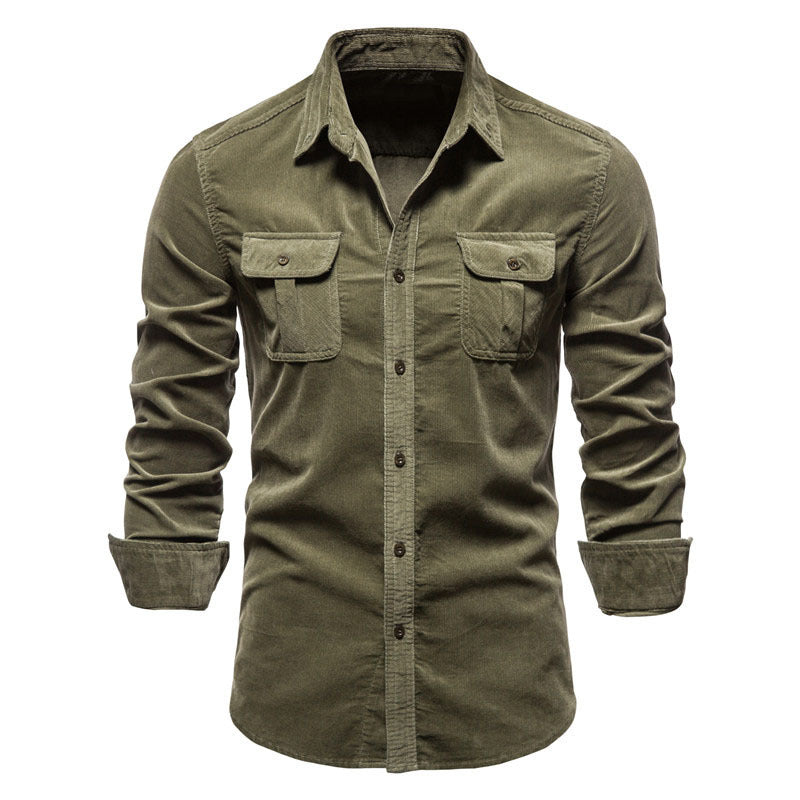 Men Long Sleeve Ribbed Corduroy Button Down Shirt Cotton Stretch Casual Fall Tops Slim Fit Shirts