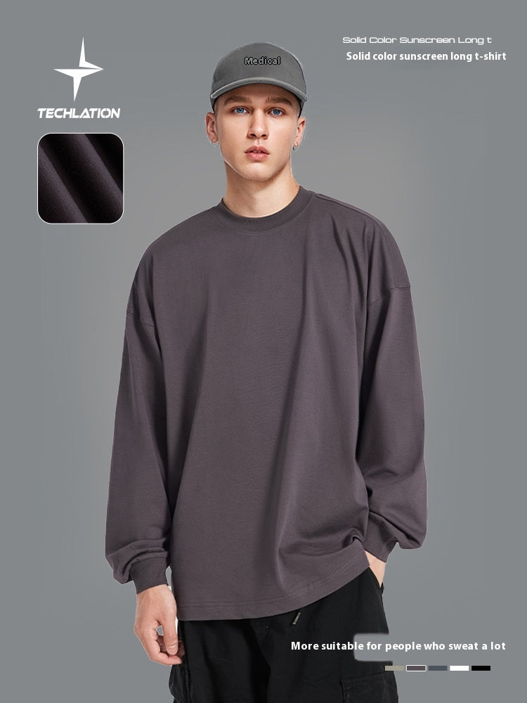 Men's T-shirt Mint Sun Protection Long T Spring and Summer New Five-in-One Technology Fabric Solid Color Men's Long Sleeve