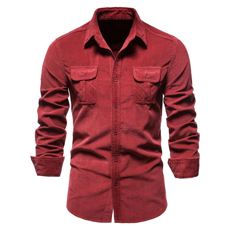 Men Long Sleeve Ribbed Corduroy Button Down Shirt Cotton Stretch Casual Fall Tops Slim Fit Shirts