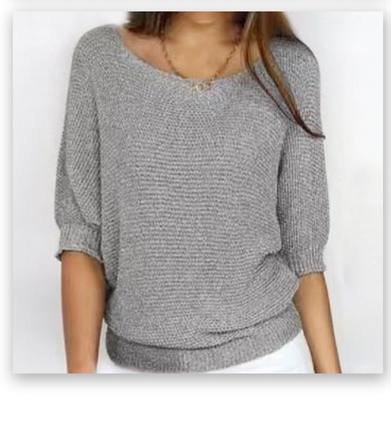 Women's Solid Color Crew Neck Knit Top – Elegant 3/4 Sleeve Blouse for Work & Casual Wear