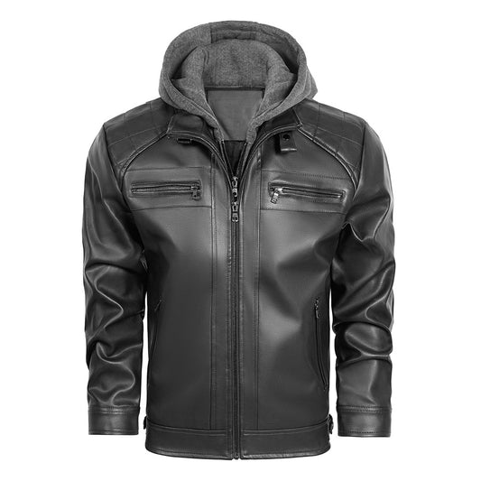 Men's leather jacket Simple PU leather jacket hooded jacket autumn and winter biker suit