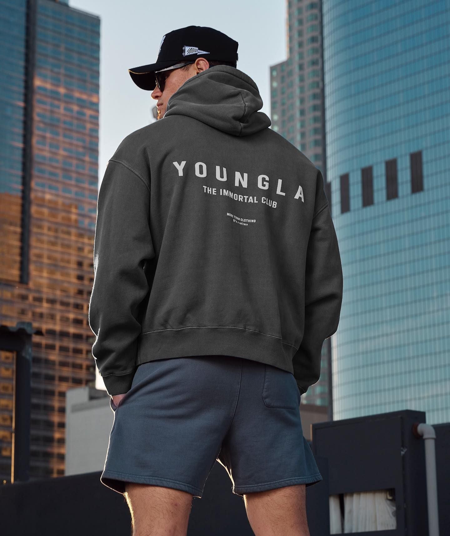 Youngla Men's Oversized Pullover Hoodie Double-Layer Composite Fabric Printed Jacket Sports Fitness Sweatshirt