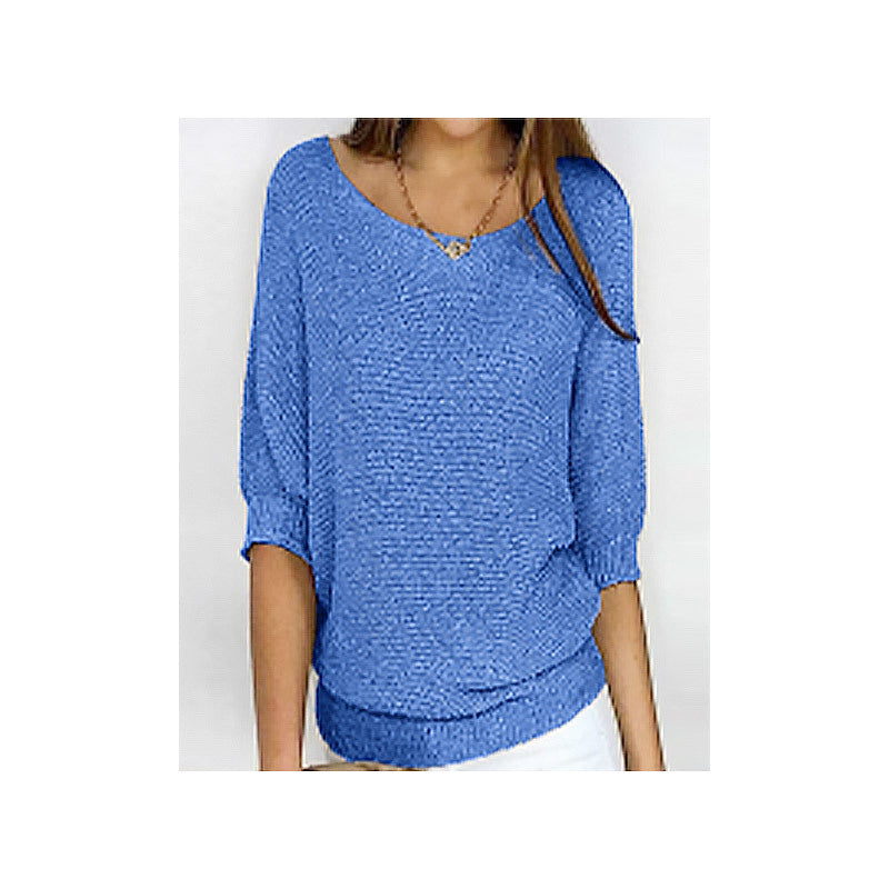 Women's Solid Color Crew Neck Knit Top – Elegant 3/4 Sleeve Blouse for Work & Casual Wear