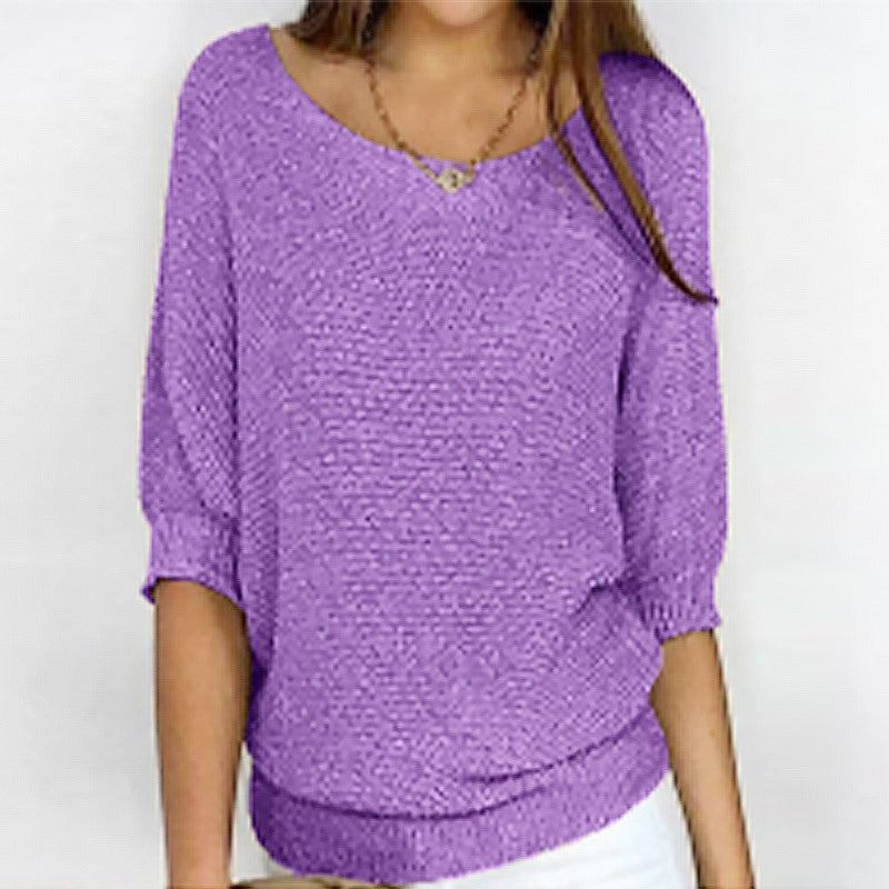 Women's Solid Color Crew Neck Knit Top – Elegant 3/4 Sleeve Blouse for Work & Casual Wear