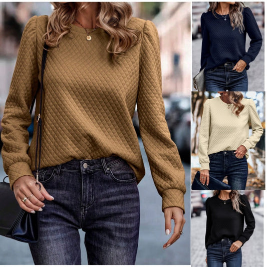 Women's Fall Winter Round Neck Puff Sleeve Warm Air Grid Pattern Sweatshirt Pullover Top