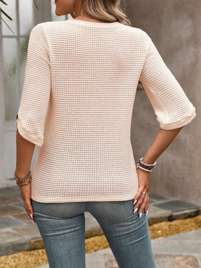 Women's Casual Loose Fit Blouse with Button Detail, Solid Color Versatile Long Sleeve/Short Sleeve Top