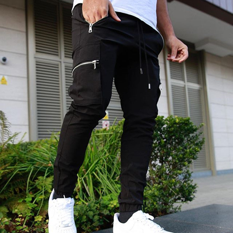 Muscle Athletic Casual Large Pocket Trousers Men's Fitness Running Training Zipper Pocket Pants