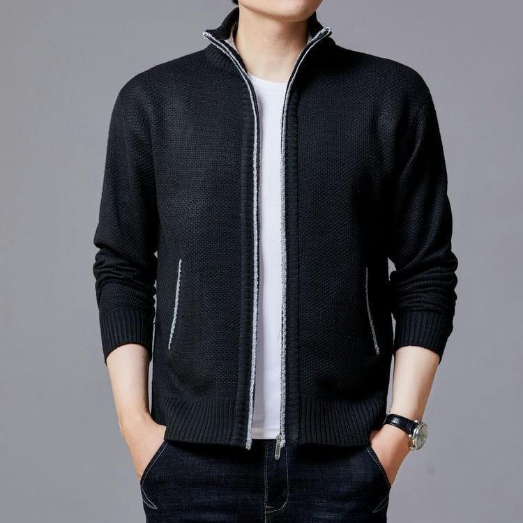 Men's knitted sweater zipper cardigan solid color stand collar plaid plus velvet warm M-3XL