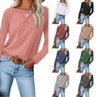 Women's Spring Summer Waffle Knit Crew Neck Patchwork Pullover Long Sleeve T-Shirt Casual Loose Top