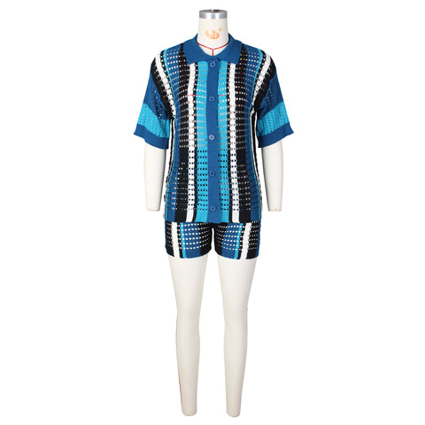 Women's Knitted Sweater Suit Sexy Lady Hollow out See-through Contrast Color Lapels