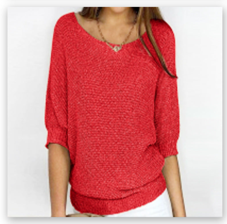 Women's Solid Color Crew Neck Knit Top – Elegant 3/4 Sleeve Blouse for Work & Casual Wear