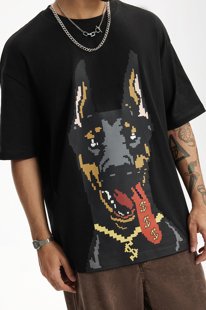 Men's T-shirt American Luminous Doberman Pinscher Printed Spring and Summer American Street Fashion Brand Loose Short Sleeve Men