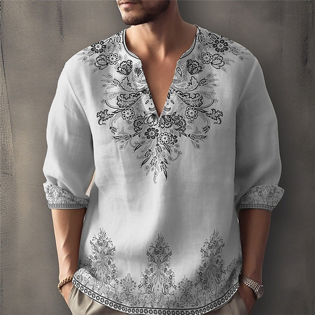 Men's Fashion Shirt Short Sleeve Beach V-Neck Drawstring printing Summer Top