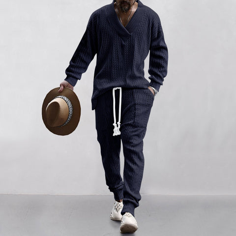 Men's Sweatshirt - New Casual Long Pants V-neck Versatile Jacquard Knit Sweater Autumn Set