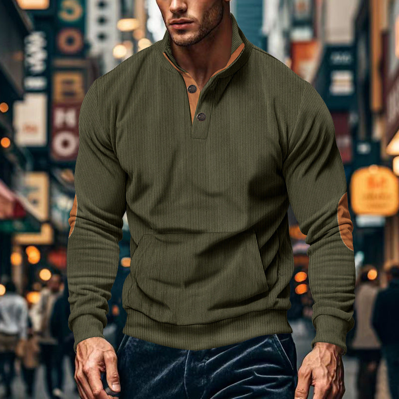 Corduroy Sweatshirts for Men Vintage Casual Long Sleeve Stand Collar Button Up Pullover Sweatshirts with Elbow Patches