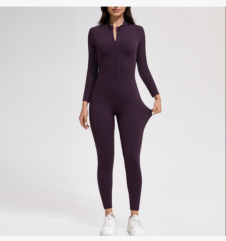 Yoga Pants Women Zipper Fleece-lined Yoga Jumpsuit High-Intensity Exercise Nude Feel Tights