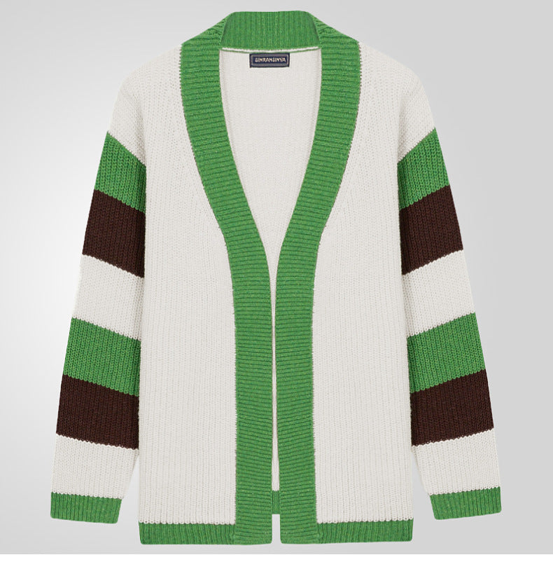 Men's Knitwear Green Edge V-neck Cardigan Loose Contrast Color Woolen Cardigan Coat Thickened Thick Needle Sweater