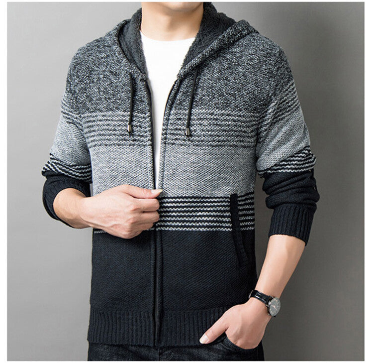 Men's knitted sweater with hood and zipper cardigan, stand-up collar, plaid, thick and warm, M-3XL