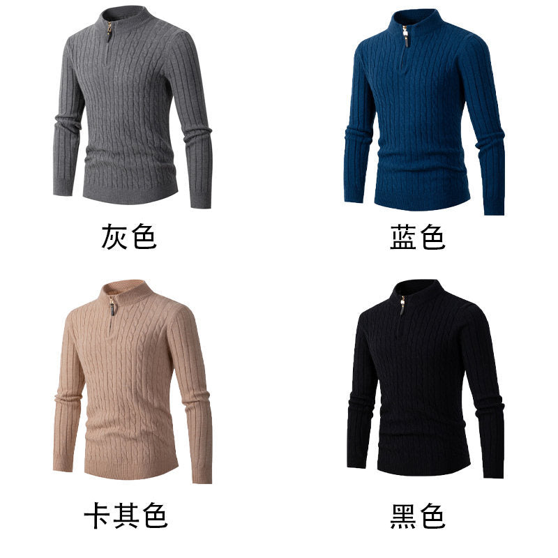 Men's knitted sweater half zip solid color stand collar plaid thick warm M-3XL