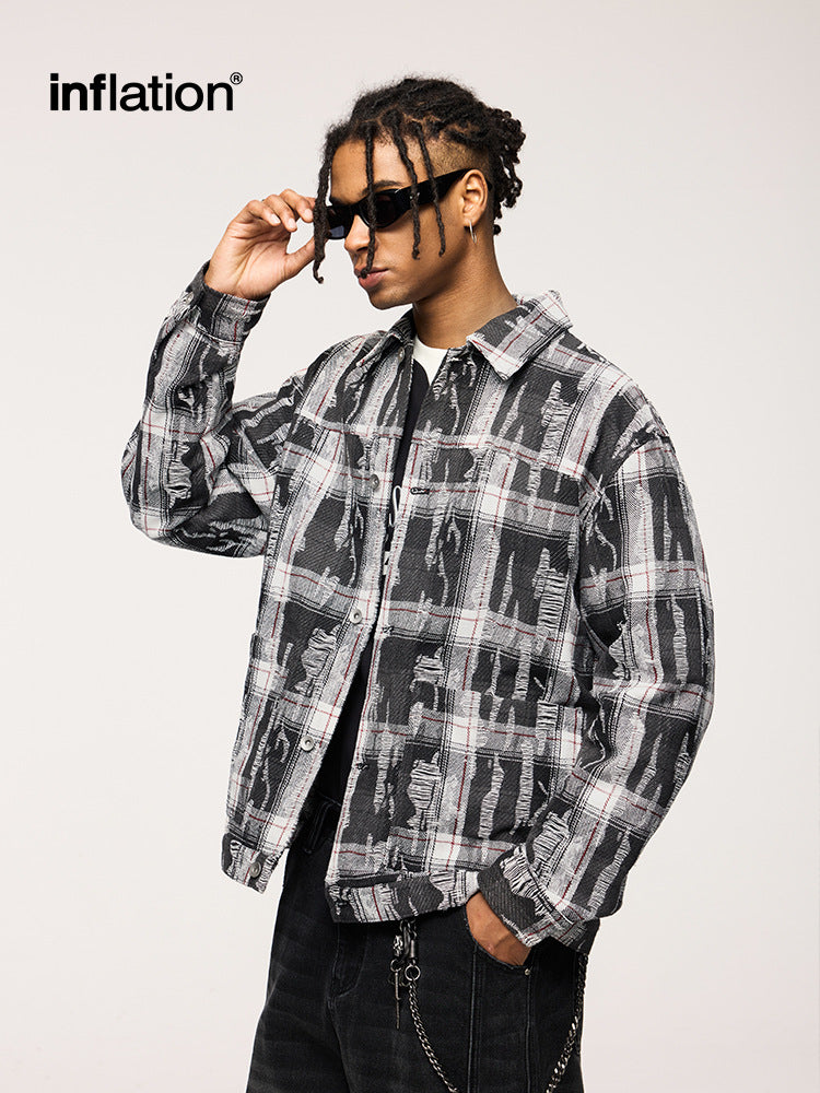 Men's Shirts New Ripped Plaid Shirt New Trendy Loose Casual Long Sleeve Shirt