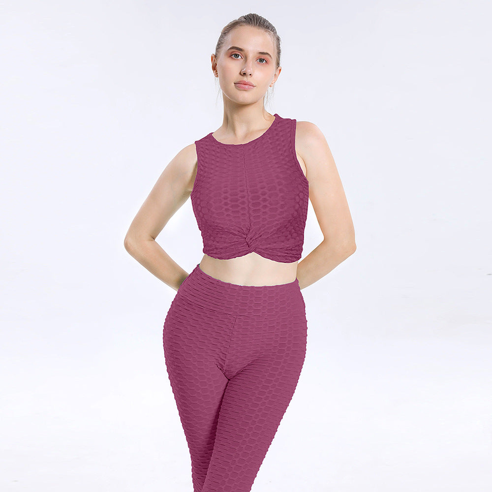 Leggings For Women  Yoga Clothes Suit Women's Sports Running Workout Outfit Suit Bubble Vest High Waist Hip Lift Yoga Pants Two-Piece Set