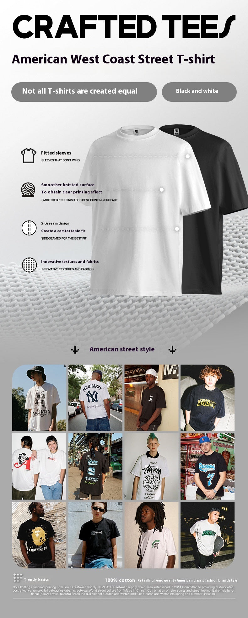 Men's T-shirt American West Coast Fashion Brand Black and White Solid Color Summer New 220G Combed Cotton Short Sleeve