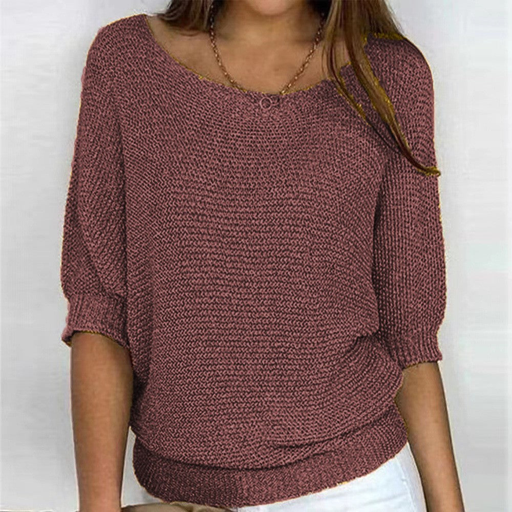 Women's Solid Color Crew Neck Knitted Sweater Lightweight 3/4 Sleeve Pullover Air-Conditioned Cardigan Top Plus Size