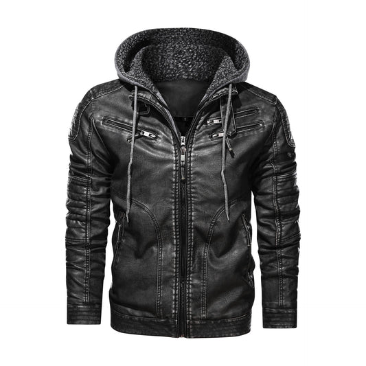 Men's Casual Retro Leather Coat Amazon Multi-Zipper Hat PU Leather Coat Autumn and Winter Clothing plus Size