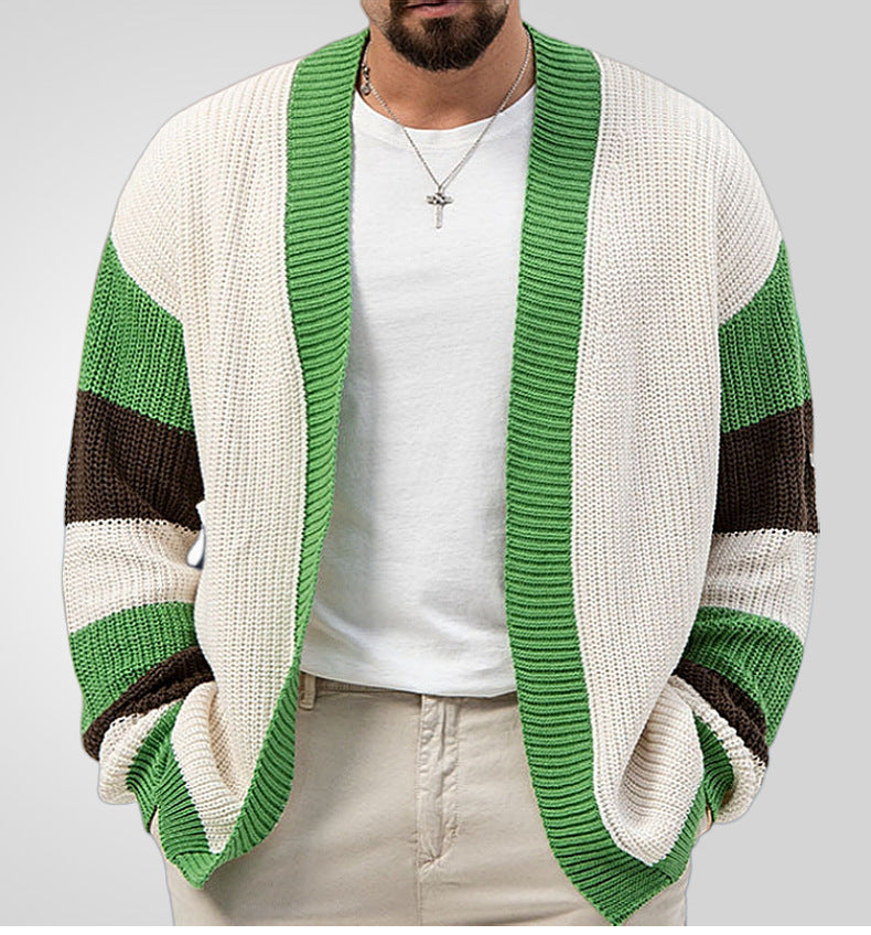 Men's Knitwear Green Edge V-neck Cardigan Loose Contrast Color Woolen Cardigan Coat Thickened Thick Needle Sweater