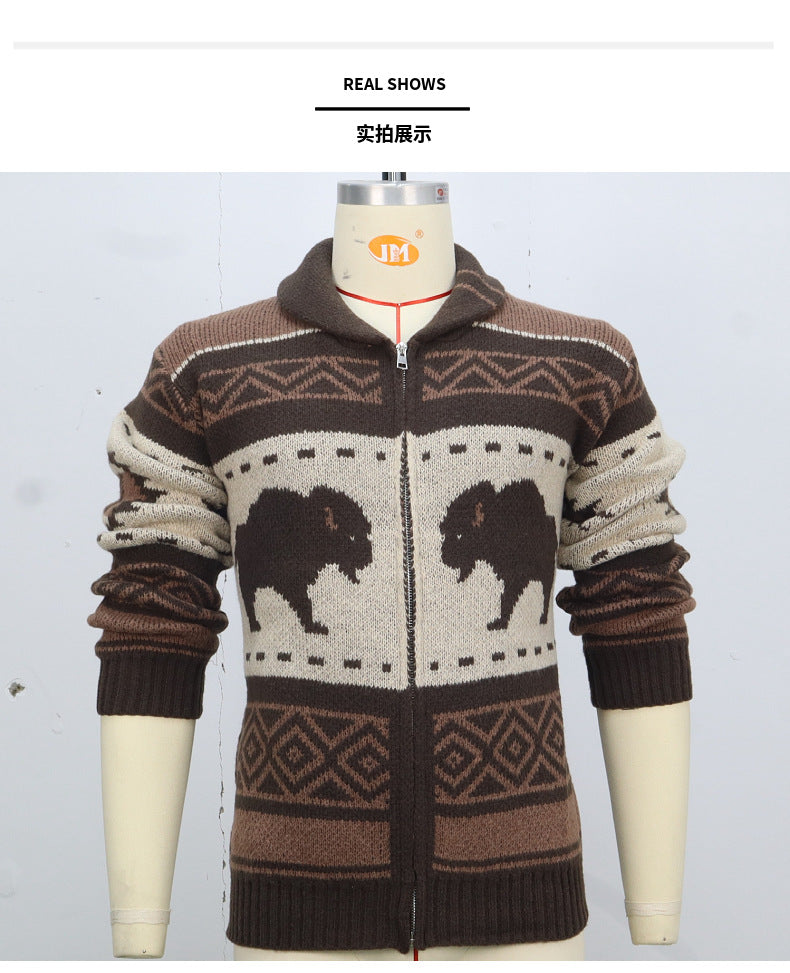 Sweats for Men Vintage Jacquard Knitwear Zipper Thickening Cardigan Outdoor Sweater